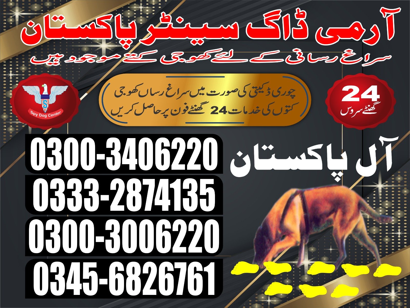 |  Army Dog Center  | kala shah kaku|     24/7 | 03332874135  03008977885