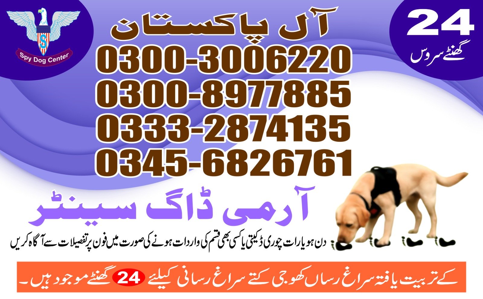 |  Army Dog Center  | |       Nawabshah     24/7 | 03332874135