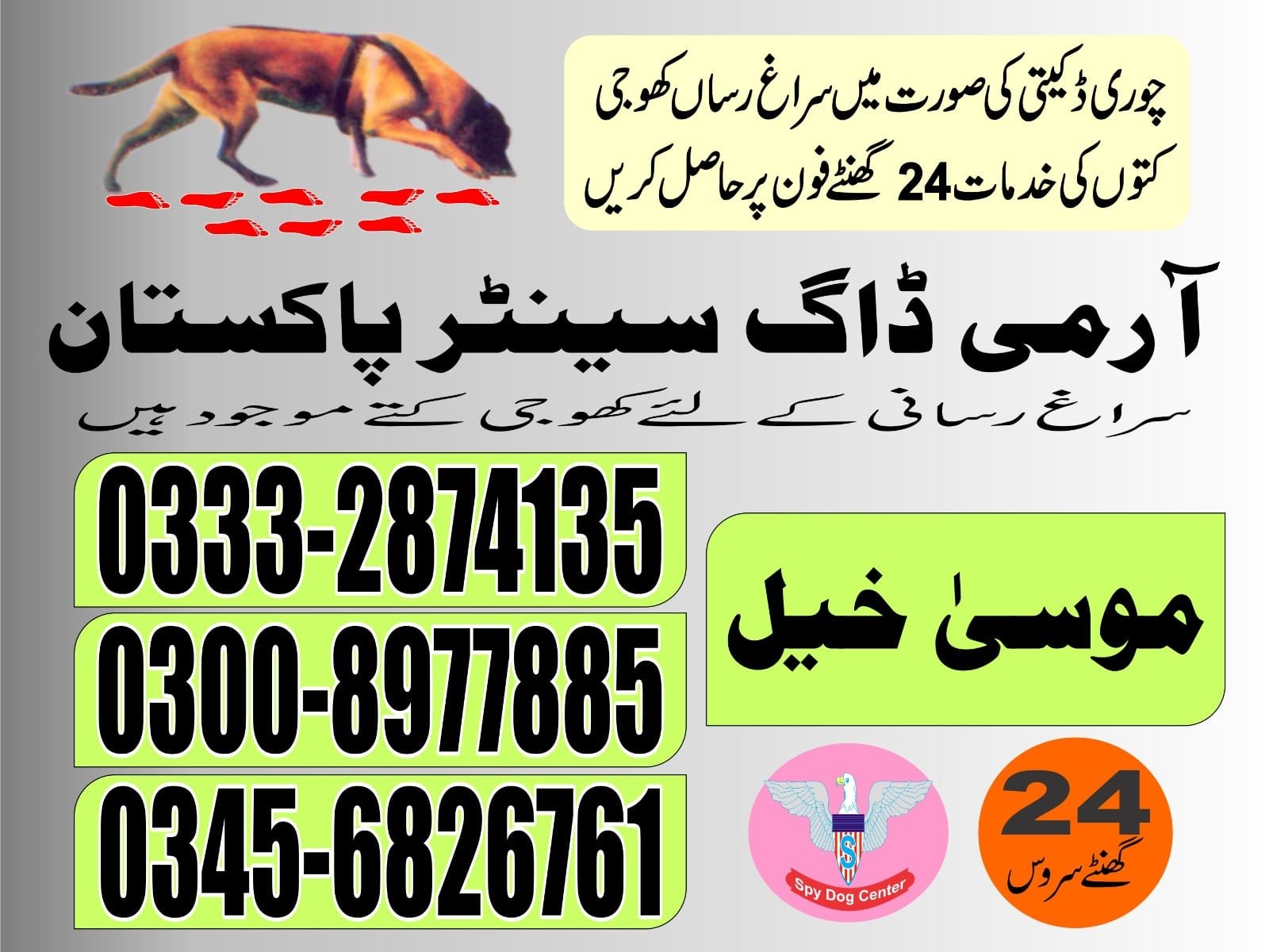 |  Army Dog Center  | |     Musa Khel      24/7 | 03332874135