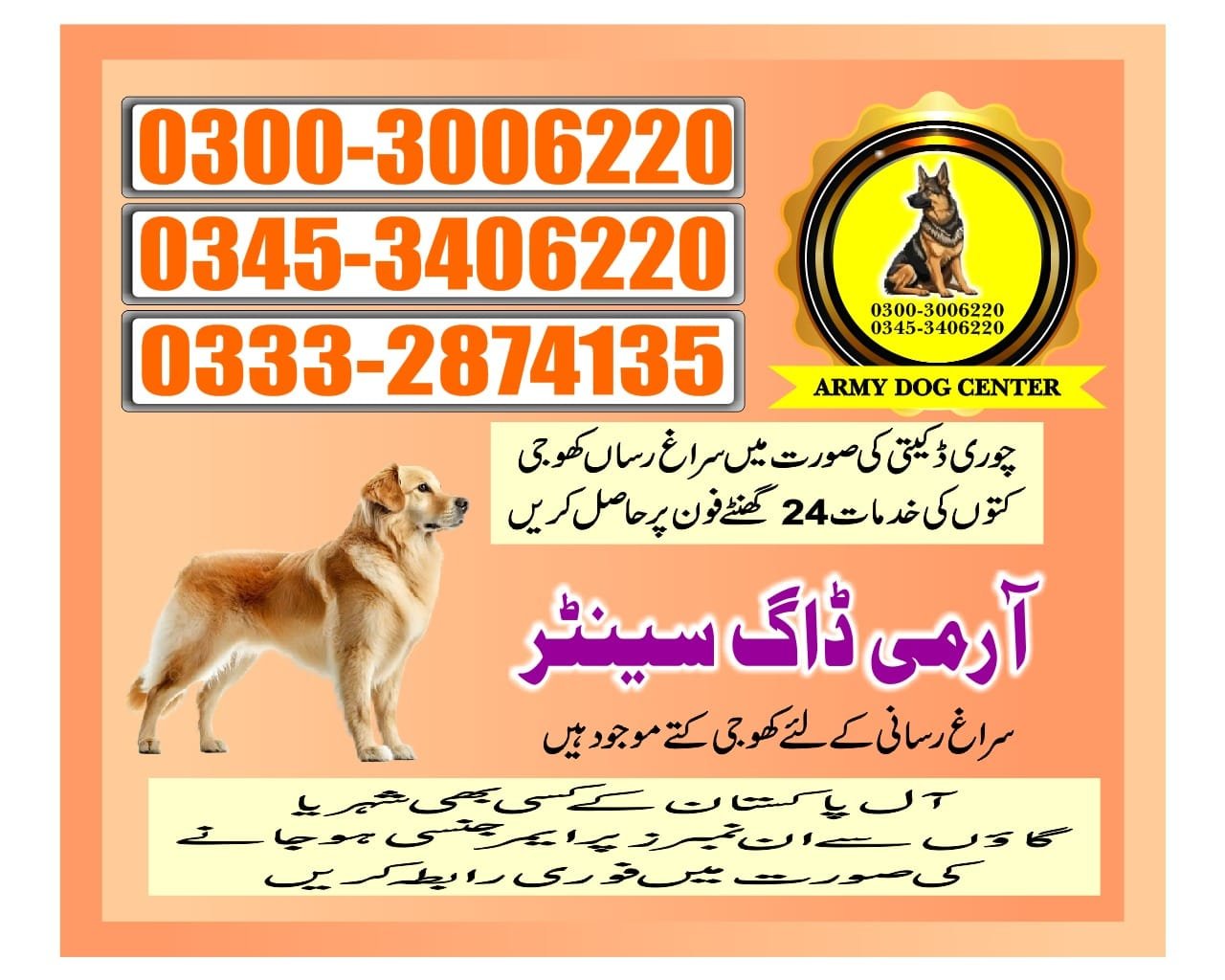 Army Dog Center.      Hyderabad       03008977885 03332874135