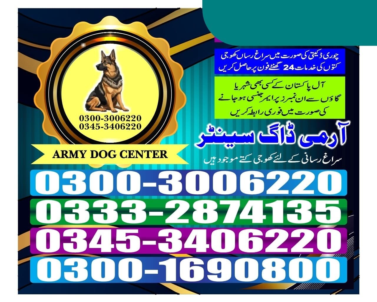 ARMY DOG CENTER |   Malir     | 03332874135 | 03008977885 |  24/7