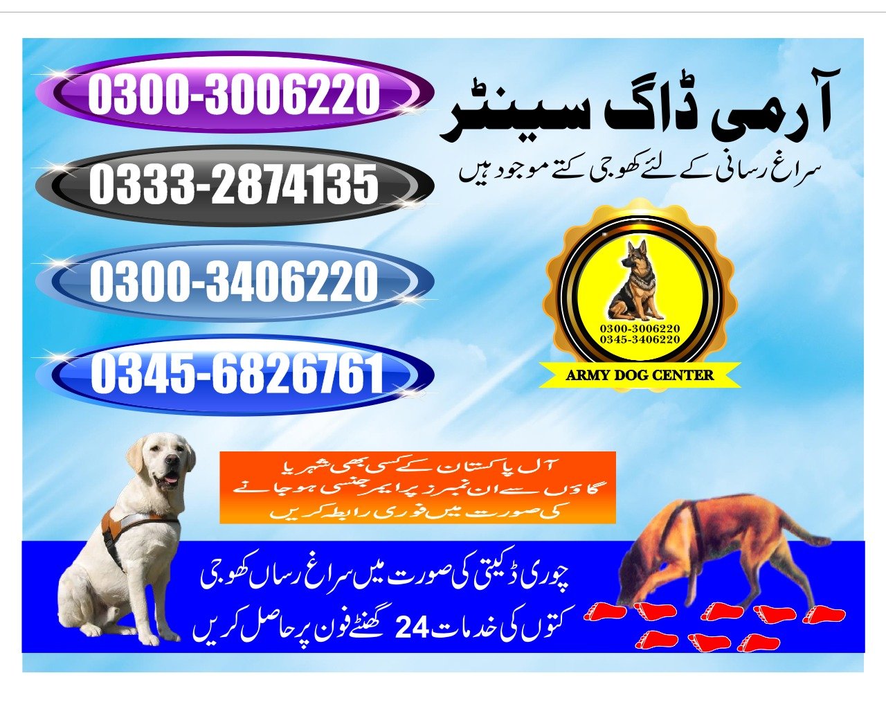 ARMY DOG CENTER |      Nawabshah  | 03332874135 | 03008977885 |  24/7