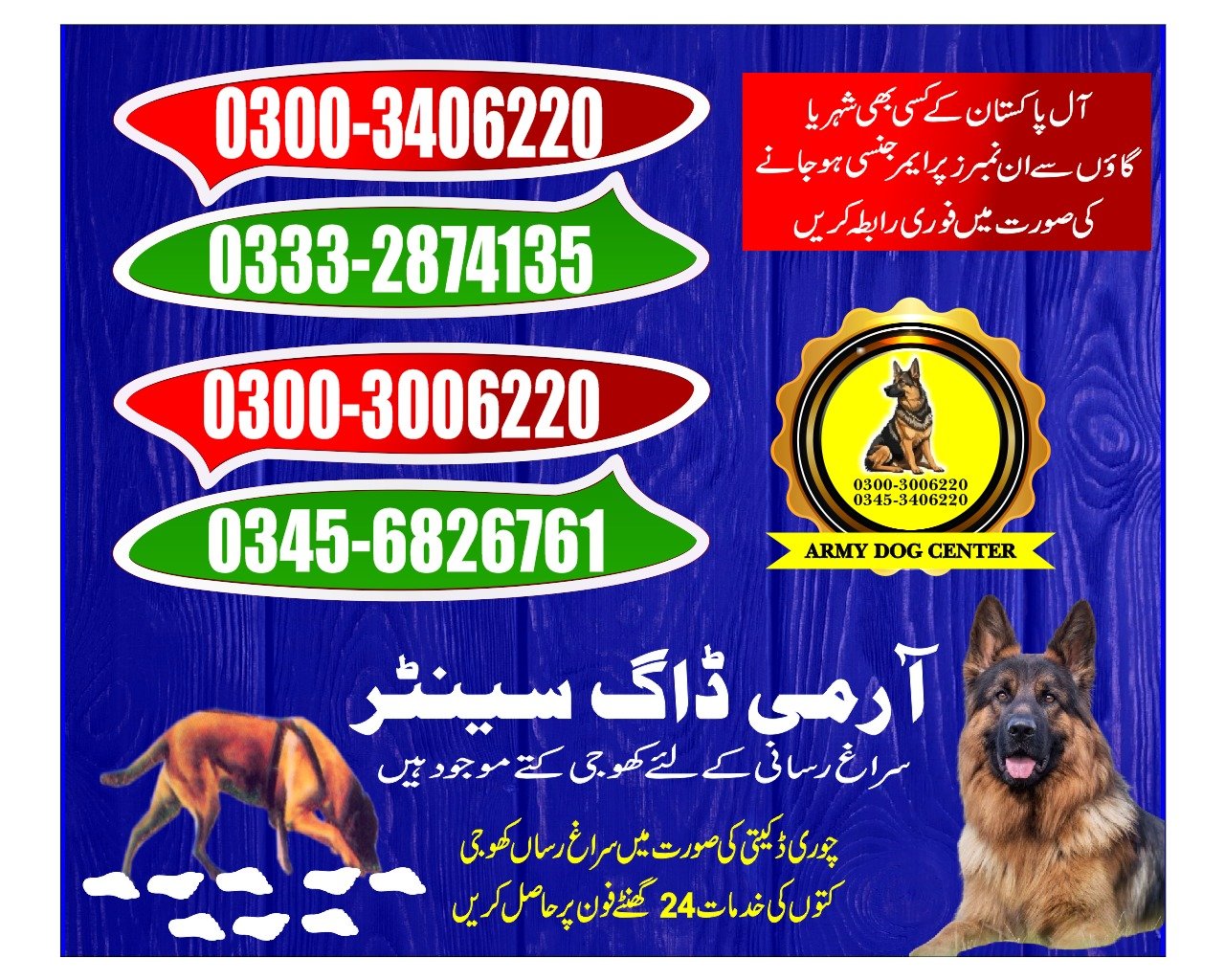 ARMY DOG CENTER |    Rohri    | 03332874135 | 03008977885 |  24/7