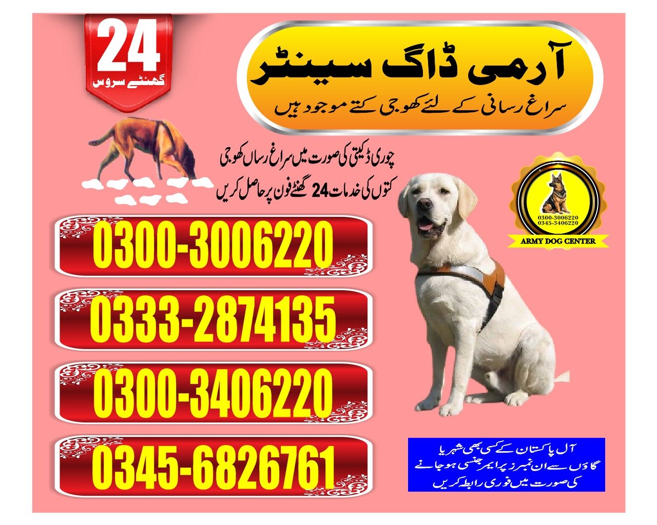 ARMY DOG CENTER |  Larkana      | 03332874135 | 03008977885 |  24/7